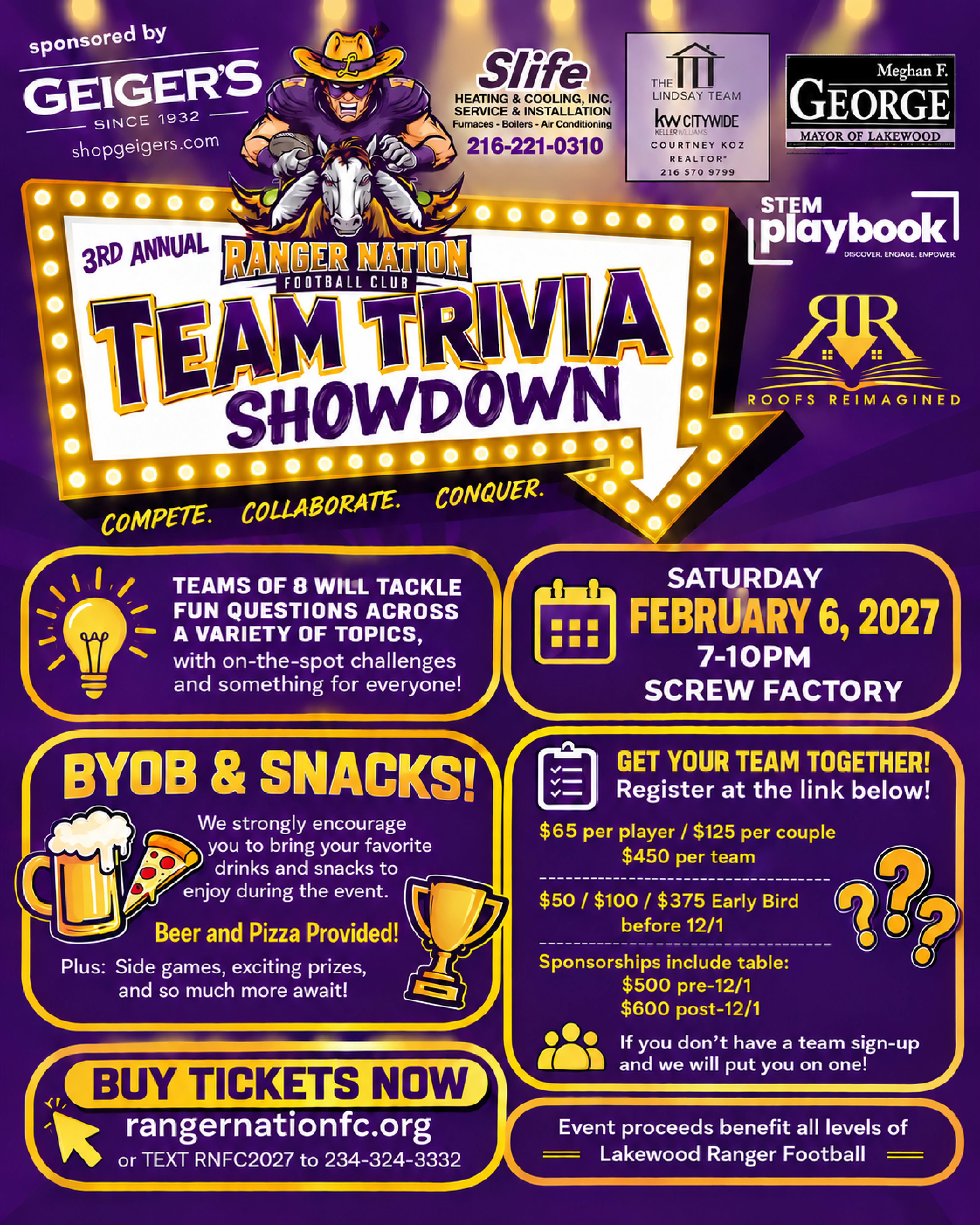 Ranger Nation Football Club 3rd Annual Team Trivia Showdown, Saturday, February 6, 2027, 7-10 PM at the Screw Factory
